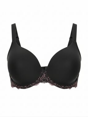 Cacique SZ 44DD Black Full Coverage Bra Pink Embroidered Detail Lightly Padded